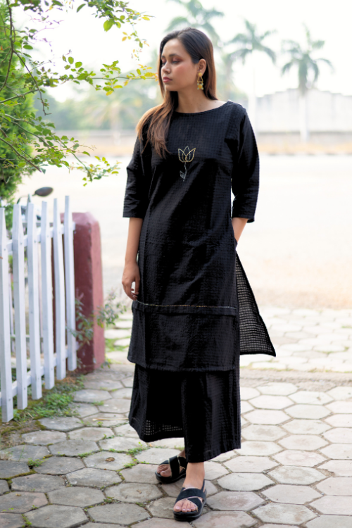 Bebaak Lotus Hand Embroidered & Handwoven Boat Neck Black Kurta Set