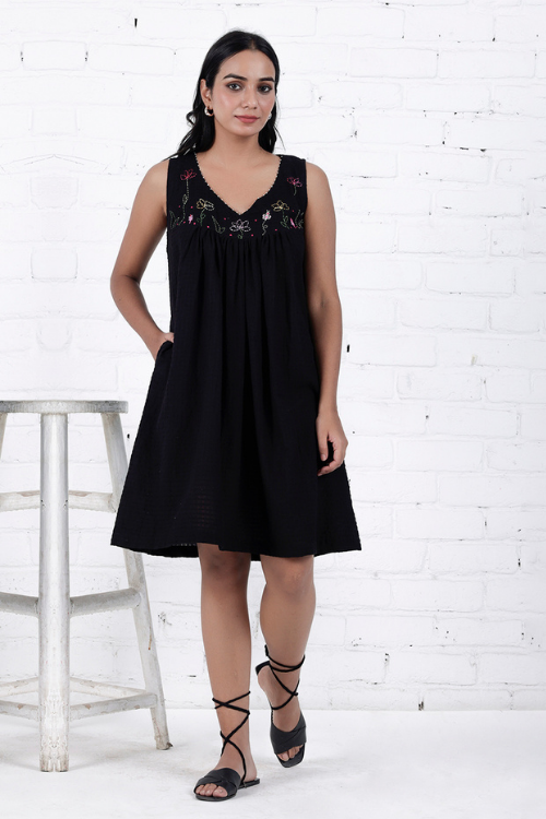 Bebaak Lily Sleeveless Gather Hand Embroidered & Handwoven Black Dress