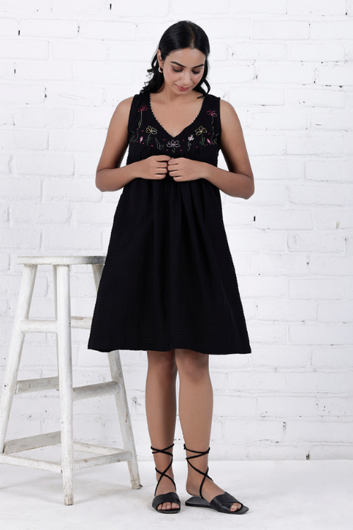 Bebaak Lily Sleeveless Gather Hand Embroidered & Handwoven Black Dress