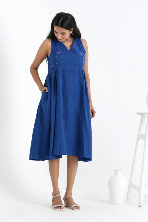 Bebaak Shama Side Gathered Handwoven Cotton Hand Embroidered Dress