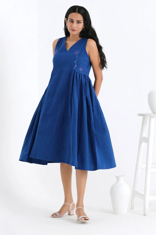 Bebaak Shama Side Gathered Handwoven Cotton Hand Embroidered Dress