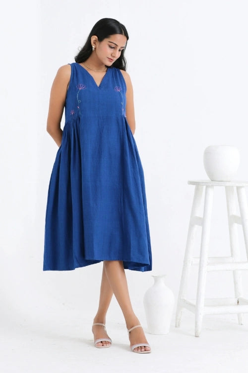 Bebaak Shama Side Gathered Handwoven Cotton Hand Embroidered Dress