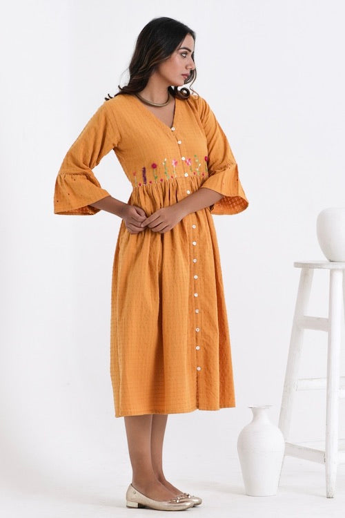 Bebaak Amara Flounce Sleeved Pure Cotton Hand Embroidered  Dress