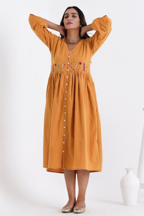 Bebaak Amara Flounce Sleeved Pure Cotton Hand Embroidered  Dress