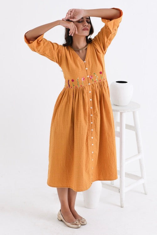 Bebaak Amara Flounce Sleeved Pure Cotton Hand Embroidered  Dress
