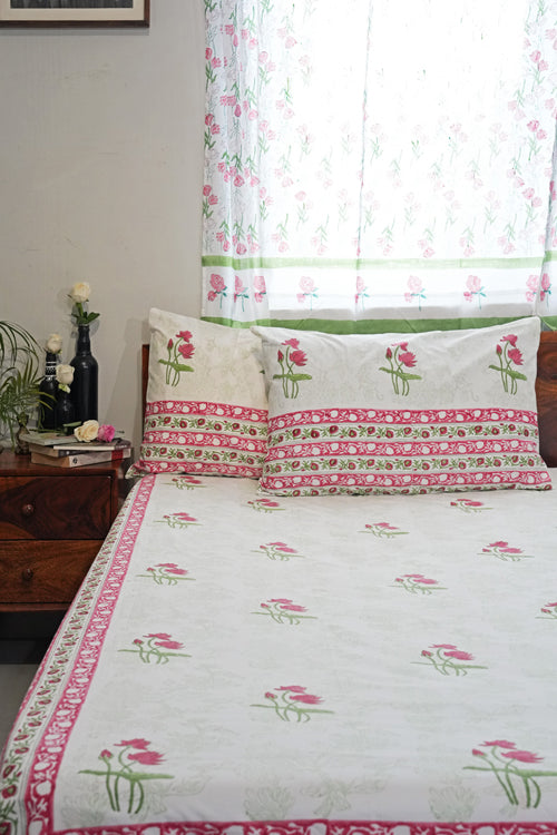 Sooti Syahi Rosy Meadow Hand Block Printed Cotton Percale Bedsheet