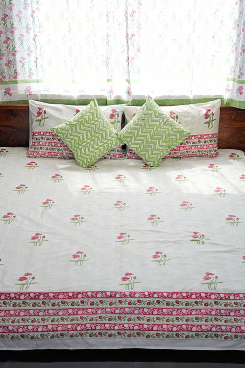 Sooti Syahi Rosy Meadow Hand Block Printed Cotton Percale Bedsheet