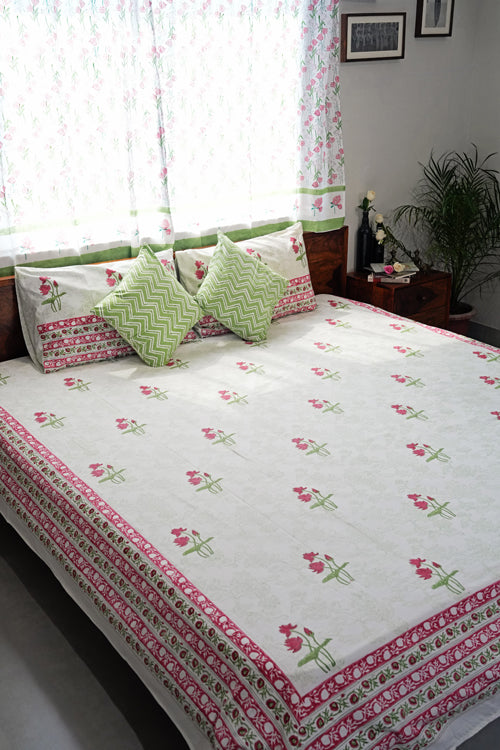 Sooti Syahi Rosy Meadow Hand Block Printed Cotton Percale Bedsheet