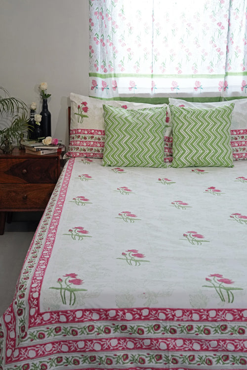 Sooti Syahi Rosy Meadow Hand Block Printed Cotton Percale Bedsheet