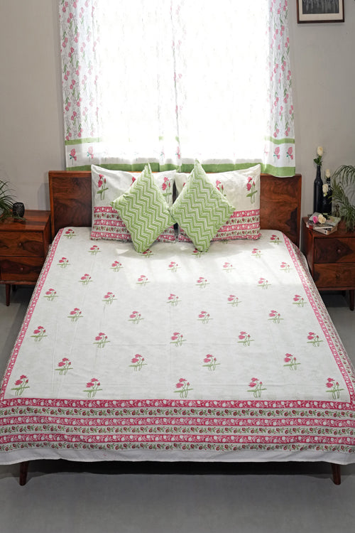 Sooti Syahi Rosy Meadow Hand Block Printed Cotton Percale Bedsheet
