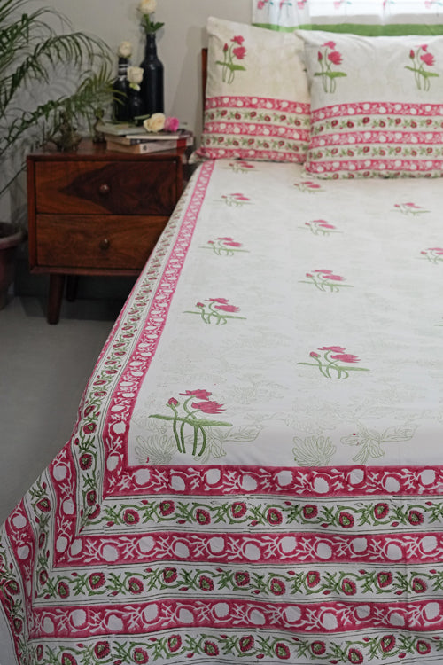 Sooti Syahi Rosy Meadow Hand Block Printed Cotton Percale Bedsheet