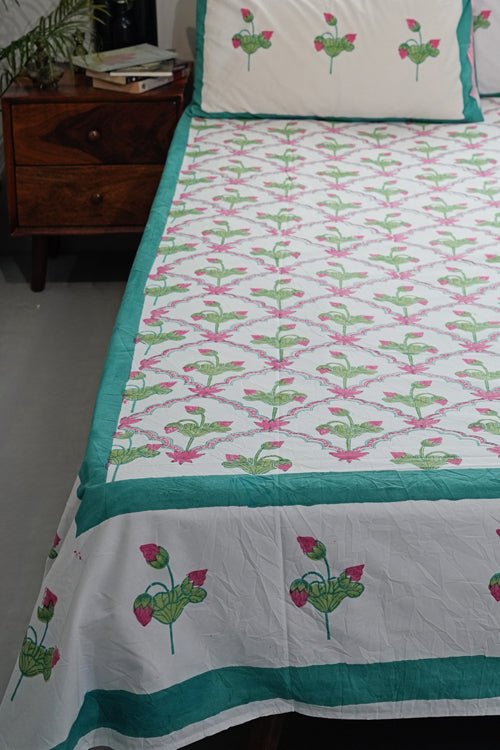 Sooti Syahi Lotus Dreams Hand Block Printed Cotton Percale Bedsheet