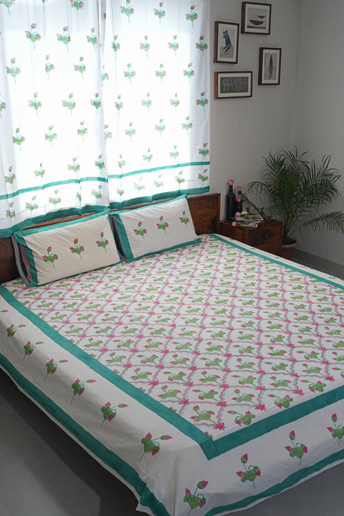 Sooti Syahi Lotus Dreams Hand Block Printed Cotton Percale Bedsheet