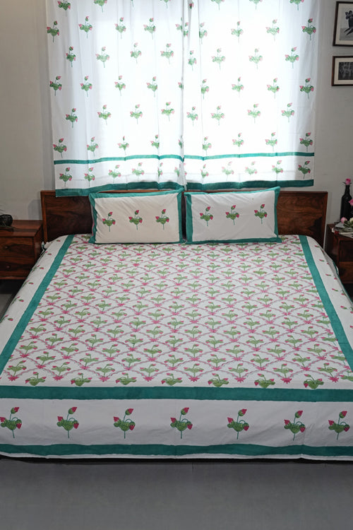 Sooti Syahi Lotus Dreams Hand Block Printed Cotton Percale Bedsheet