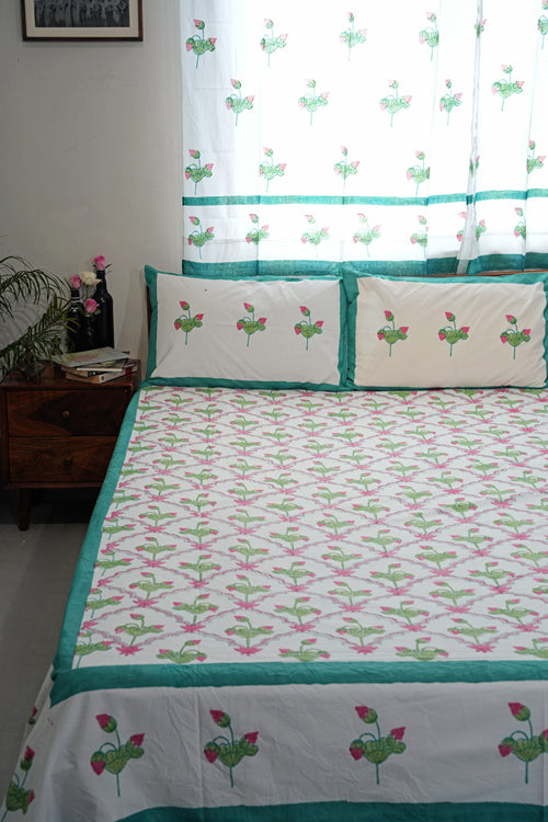 Sooti Syahi Lotus Dreams Hand Block Printed Cotton Percale Bedsheet