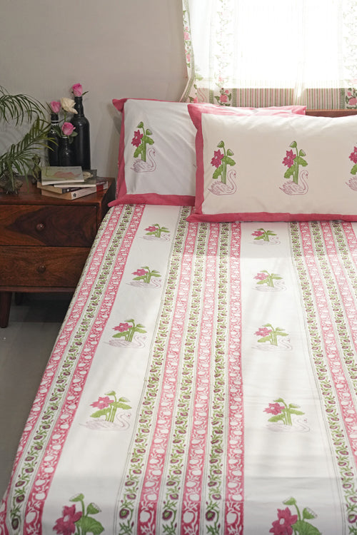 Sooti Syahi Serene Swan Lotus Hand Block Printed Cotton Percale Bedsheet