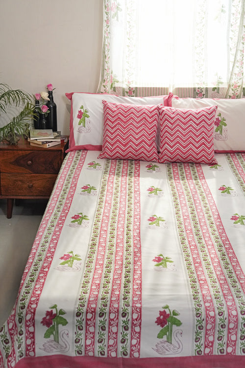Sooti Syahi Serene Swan Lotus Hand Block Printed Cotton Percale Bedsheet