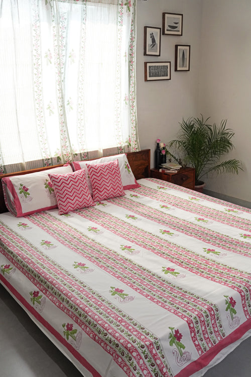 Sooti Syahi Serene Swan Lotus Hand Block Printed Cotton Percale Bedsheet