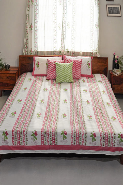 Sooti Syahi Serene Swan Lotus Hand Block Printed Cotton Percale Bedsheet