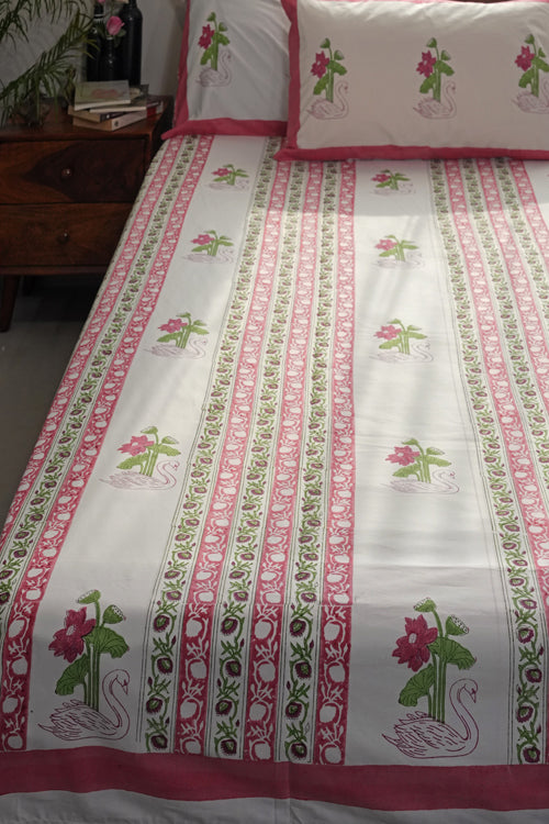 Sooti Syahi Serene Swan Lotus Hand Block Printed Cotton Percale Bedsheet