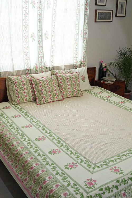 Sooti Syahi Serene Garden Hand Block Printed Cotton Percale Bedsheet