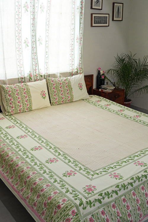Sooti Syahi Serene Garden Hand Block Printed Cotton Percale Bedsheet