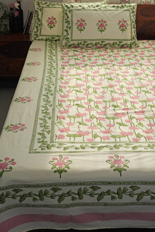 Sooti Syahi Serene Lotus Garden Hand Block Printed Cotton Percale Bedsheet