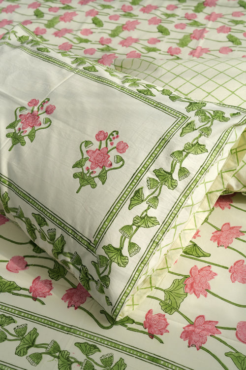 Sooti Syahi Serene Lotus Garden Hand Block Printed Cotton Percale Bedsheet