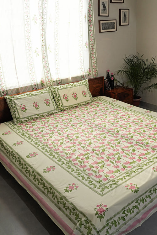 Sooti Syahi Serene Lotus Garden Hand Block Printed Cotton Percale Bedsheet
