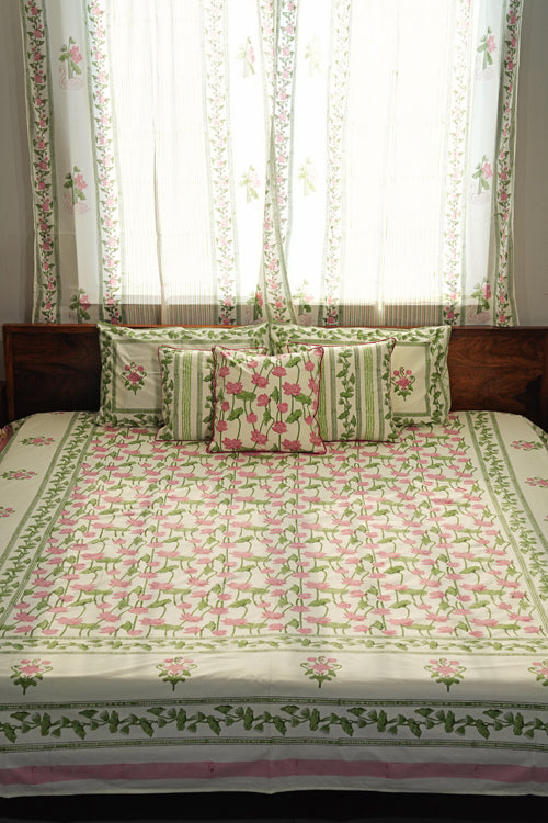 Sooti Syahi Serene Lotus Garden Hand Block Printed Cotton Percale Bedsheet
