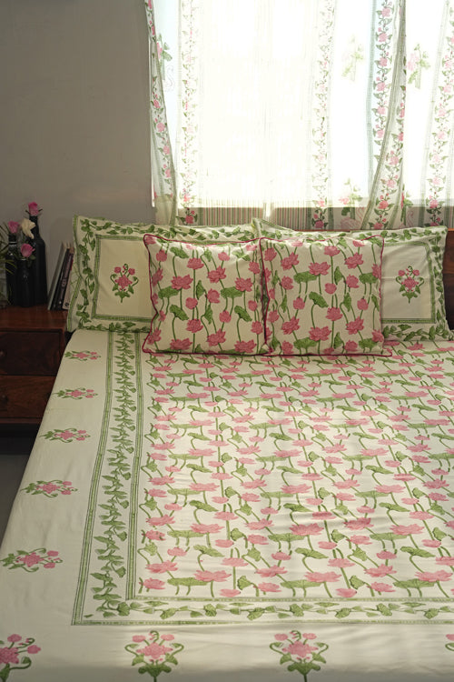 Sooti Syahi Serene Lotus Garden Hand Block Printed Cotton Percale Bedsheet