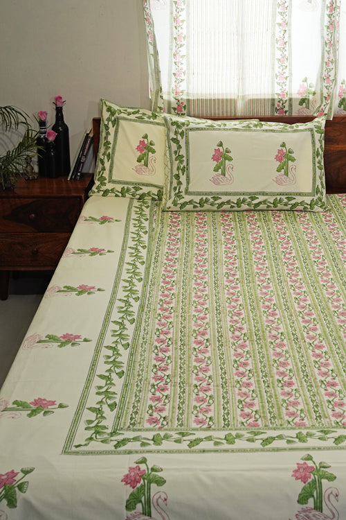 Sooti Syahi Serene Swan Song Hand Block Printed Cotton Percale Bedsheet