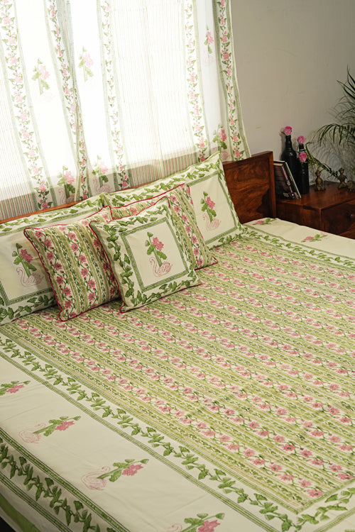 Sooti Syahi Serene Swan Song Hand Block Printed Cotton Percale Bedsheet