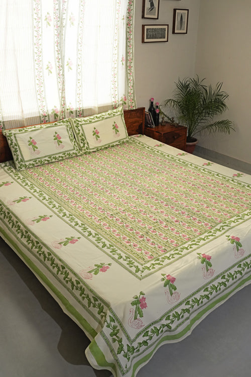 Sooti Syahi Serene Swan Song Hand Block Printed Cotton Percale Bedsheet