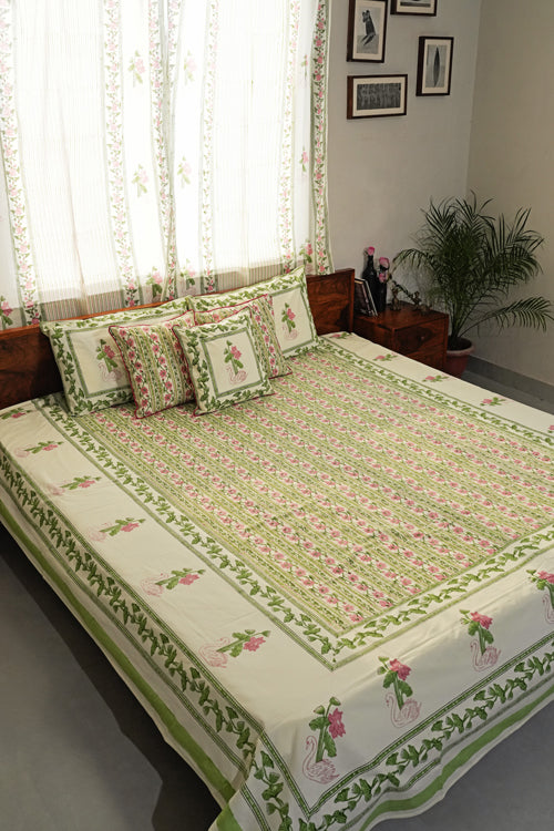 Sooti Syahi Serene Swan Song Hand Block Printed Cotton Percale Bedsheet
