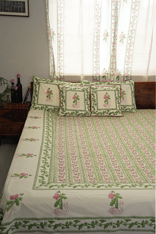 Sooti Syahi Serene Swan Song Hand Block Printed Cotton Percale Bedsheet