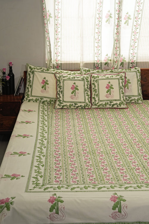 Sooti Syahi Serene Swan Song Hand Block Printed Cotton Percale Bedsheet