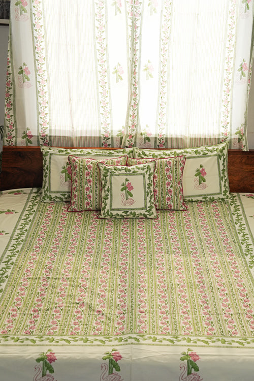 Sooti Syahi Serene Swan Song Hand Block Printed Cotton Percale Bedsheet