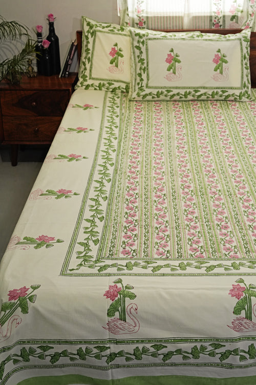 Sooti Syahi Serene Swan Song Hand Block Printed Cotton Percale Bedsheet