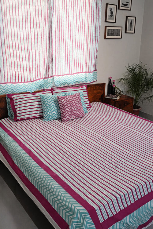 Sooti Syahi Serene Stripes Hand Block Printed Cotton Percale Bedsheet