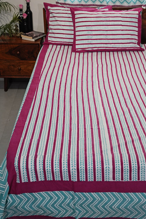 Sooti Syahi Serene Stripes Hand Block Printed Cotton Percale Bedsheet