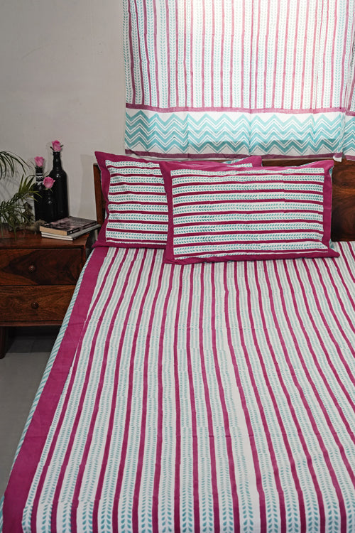 Sooti Syahi Serene Stripes Hand Block Printed Cotton Percale Bedsheet