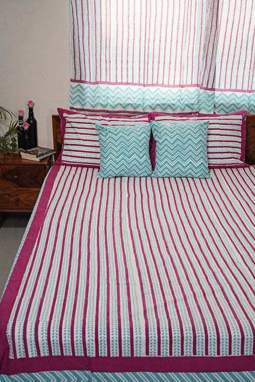 Sooti Syahi Serene Stripes Hand Block Printed Cotton Percale Bedsheet