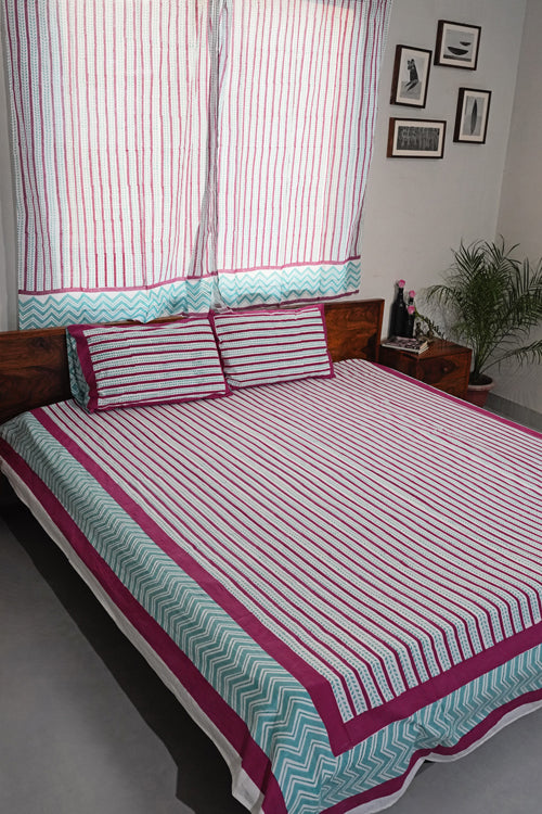 Sooti Syahi Serene Stripes Hand Block Printed Cotton Percale Bedsheet