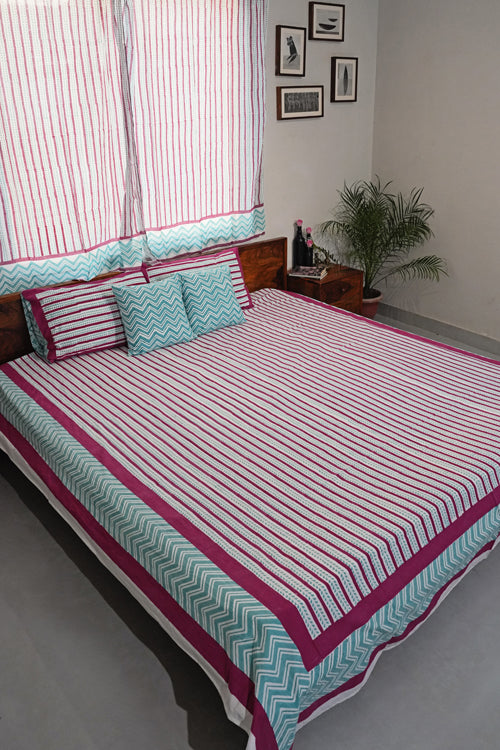 Sooti Syahi Serene Stripes Hand Block Printed Cotton Percale Bedsheet