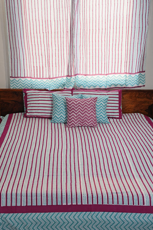 Sooti Syahi Serene Stripes Hand Block Printed Cotton Percale Bedsheet