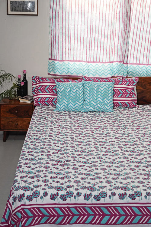 Sooti Syahi Floral Rhapsody Hand Block Printed Cotton Percale Bedsheet