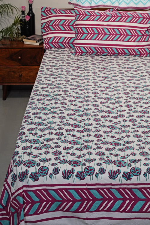 Sooti Syahi Floral Rhapsody Hand Block Printed Cotton Percale Bedsheet