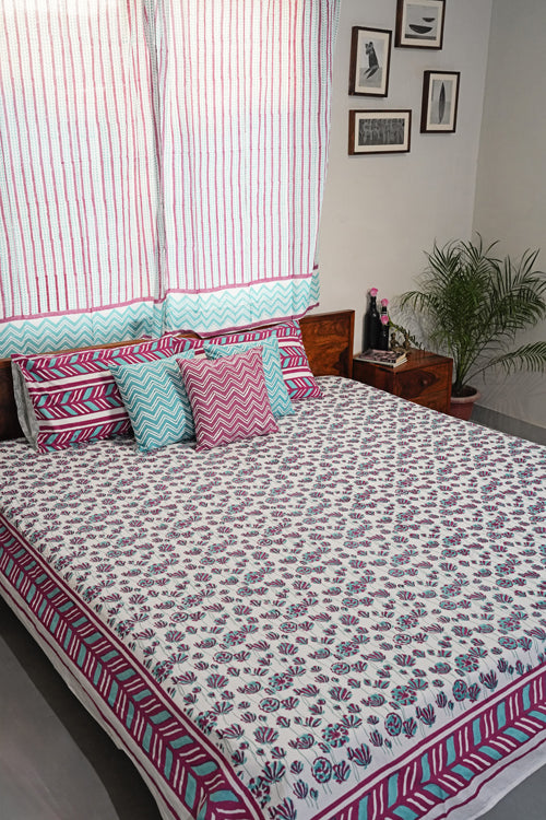 Sooti Syahi Floral Rhapsody Hand Block Printed Cotton Percale Bedsheet