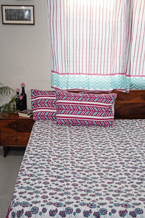 Sooti Syahi Floral Rhapsody Hand Block Printed Cotton Percale Bedsheet